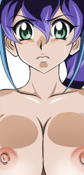 Rule 34 | 1girl, blue hair, blush, breasts, cleavage, closed mouth, collarbone, eyebrows, female focus, green eyes, hair between eyes, highres, large breasts, lento (glamour works), long hair, looking at viewer, multicolored hair, nipples, nude, ponytail, purple hair, scowl, serena (yu-gi-oh!), serious, shiny skin, simple background, solo, sweatdrop, upper body, white background, yu-gi-oh!, yu-gi-oh! arc-v