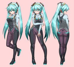 Rule 34 | 1girl, aqua hair, ass, bad id, bad pixiv id, blush, bodysuit, contrapposto, full body, green eyes, hatsune miku, headphones, long hair, looking at viewer, nail polish, saodake, solo, standing, sweatdrop, taut clothes, twintails, very long hair, vocaloid