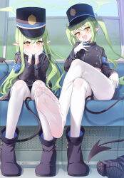 Rule 34 | 2girls, absurdres, black footwear, black hat, black jacket, black tail, blue archive, blush, boots, buttons, closed mouth, demon tail, double-breasted, earrings, fang, green hair, green halo, hair between eyes, halo, hat, hikari (blue archive), nozomi (blue archive), highres, jacket, jewelry, long hair, long sleeves, looking at viewer, multiple girls, open mouth, pantyhose, peaked cap, pizza (pizzania company), pointy ears, sidelocks, single earring, sitting, skin fang, smile, soles, tail, toes, train interior, twintails, white pantyhose, yellow eyes