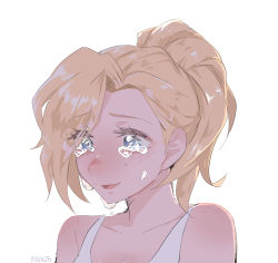 Rule 34 | 1girl, artist name, bad id, bad pixiv id, bare shoulders, blonde hair, blue eyes, blush, collarbone, crying, crying with eyes open, highres, mercy (overwatch), open mouth, overwatch, overwatch 1, panza, ponytail, sad, shirt, short hair, simple background, sleeveless, sleeveless shirt, solo, teardrop, tearing up, tears, upper body, white background, white shirt