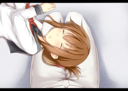 Rule 34 | 10s, 1girl, blush, brown hair, closed eyes, folded ponytail, hair ornament, hairclip, inazuma (kancolle), kantai collection, lap pillow, letterboxed, long sleeves, lying on lap, open mouth, personification, school uniform, short hair, solo focus, tori (minamopa)