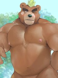 Rule 34 | 1boy, abs, animal ears, ashigara (housamo), bandaid, bandaid on cheek, bandaid on face, bara, bear boy, bear ears, belly, blush, brown fur, chest hair, completely nude, facial hair, fat, fat man, fuga9, furry, furry male, goatee, green hair, groin, large pectorals, leg hair, looking at viewer, male focus, mature male, muscular, muscular male, navel, navel hair, nipples, nude, one eye closed, out-of-frame censoring, pectorals, short hair, solo, stomach, thick eyebrows, tokyo houkago summoners