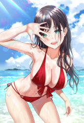 Rule 34 | 1girl, absurdres, beach, bikini, black hair, breasts, cleavage, commentary request, day, green eyes, halterneck, highres, large breasts, looking at viewer, mole, mole on leg, original, outdoors, red bikini, resolution mismatch, side-tie bikini bottom, solo, source smaller, swimsuit, tooku0, water, wet