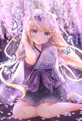 Rule 34 | 1girl, absurdres, blonde hair, blue eyes, bow, bug, butterfly, emu alice, flower, gomano rio, hair bow, hakama, hakama skirt, hand up, highres, insect, japanese clothes, kimono, liver city, long hair, looking at viewer, obi, parted lips, petals, purple bow, purple flower, purple kimono, purple ribbon, ribbon, sash, sitting, skirt, solo, wide sleeves, wisteria, yokozuwari