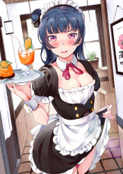 Rule 34 | 1girl, :o, apron, black thighhighs, blue hair, blunt bangs, blush, breasts, cake, cleavage, clothes lift, curtains, dark blue hair, detached collar, drawing (object), dress, drinking straw, embarrassed, flower pot, food, frill trim, frills, headdress, ice, indoors, looking at viewer, love live!, love live! sunshine!!, maid, maid apron, maid headdress, open mouth, panties, photo (object), picture frame, pink neckwear, pink panties, red eyes, short sleeves, side bun, skirt, skirt lift, small breasts, solo, sweatdrop, thighhighs, tipii, tray, tropical drink, tsushima yoshiko, underwear, window, wrist cuffs