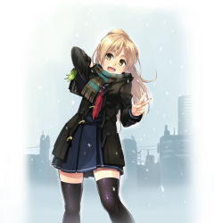Rule 34 | 1girl, bag, black coat, black thighhighs, blonde hair, blue background, blue skirt, building, check copyright, coat, commentary request, copyright request, denchuubou, feet out of frame, long hair, looking at viewer, medium skirt, open mouth, original, plaid, plaid scarf, pleated skirt, ponytail, scarf, school uniform, serafuku, skirt, smile, snow, solo, thighhighs, v, yellow eyes