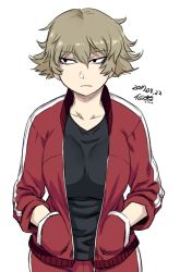 Rule 34 | 1girl, black eyes, breasts, brown hair, dated, hands in pockets, jacket, jitome, large breasts, messy hair, open clothes, open jacket, original, short hair, solo, tomboy, track jacket, track suit, tsukudani (coke-buta), tsurime