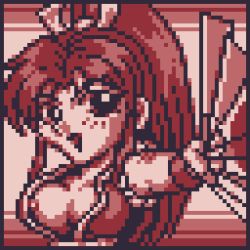 Rule 34 | 1girl, blush, bow, breasts, cleavage, collarbone, dress, fatal fury, hair bow, hand fan, holding, large breasts, long hair, looking at viewer, monochrome, nipple slip, nipples, open mouth, paper fan, pixel art, ponytail, saiwai hiroshi, shiranui mai, sleeveless, sleeveless dress, smile, snk, standing, the king of fighters, upper body, war fan