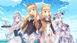 Rule 34 | 5girls, :d, absurdres, aircraft, airplane, azur lane, bare shoulders, belfast (azur lane), black bow, black dress, black hairband, black jacket, black panties, black ribbon, blonde hair, blue bow, blue eyes, blue sky, blush, bow, braid, breasts, cleavage, closed mouth, cloud, crown, cup, day, detached collar, detached sleeves, dress, eye contact, gloves, hair between eyes, hair bow, hair bun, hair ornament, hair ribbon, hairband, hand on another&#039;s head, hand on own hip, head tilt, highres, holding, holding stuffed toy, holding tray, holmemee, illustrious (azur lane), jacket, large breasts, long hair, long sleeves, looking at another, looking up, maid headdress, mini crown, multiple girls, ocean, open mouth, outdoors, panties, purple eyes, purple hair, queen elizabeth (azur lane), ribbon, short hair with long locks, side-tie panties, side bun, sidelocks, silver hair, single hair bun, single side bun, sky, sleeves past wrists, small breasts, smile, striped clothes, striped hairband, stuffed animal, stuffed toy, stuffed unicorn, teacup, teapot, thighhighs, tray, underwear, unicorn (azur lane), v-shaped eyebrows, very long hair, warspite (azur lane), water, white dress, white gloves, white legwear