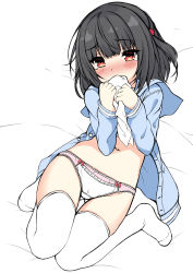 Rule 34 | 1girl, absurdres, bed sheet, black hair, blue sailor collar, blue shirt, blush, bow, bow panties, commentary request, covered mouth, full body, granblue fantasy, hands up, highres, holding, long sleeves, looking at viewer, navel, no shoes, nose blush, one side up, open clothes, open shirt, panties, red eyes, sailor collar, sakuraba hikaru (loveindog), shirt, solo, tears, thighhighs, underwear, vikala (granblue fantasy), white panties, white thighhighs