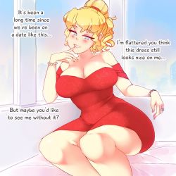 Rule 34 | 1girl, bare shoulders, blonde hair, blue eyes, bracelet, breasts, commentary, dress, english commentary, english text, finger to mouth, indoors, jewelry, katawa shoujo, large breasts, looking at viewer, aged up, ornate ring, parted lips, ponytail, red dress, ring, rtil, satou lilly, sitting, smile, solo, wedding ring