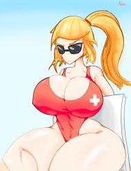 Rule 34 | 1girl, absurdres, adomo, bare shoulders, blonde hair, breasts, cleavage, highres, huge breasts, lifeguard, lifeguard chair, long hair, metroid, nintendo, one-piece swimsuit, ponytail, red one-piece swimsuit, samus aran, sitting, solo, sunglasses, sweat, swimsuit, tinted eyewear, wide hips