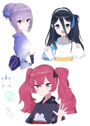 Rule 34 | 3girls, aris (blue archive), atsuko (blue archive), beko (beco 1122), black hair, blue archive, blue necktie, bow, braid, flower, gloves, grey eyes, hair bow, hair flower, hair ornament, hairband, highres, iroha (blue archive), japanese clothes, kimono, logo, long hair, multiple girls, necktie, one side up, pouty lips, purple eyes, purple hair, red hair, side ponytail, simple background, smile, twintails, white kimono
