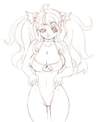 Rule 34 | breasts, large breasts, long hair, monochrome, one-piece swimsuit, outline, solo, swimsuit, tsuutenkaaku, twintails