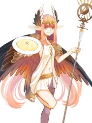 Rule 34 | 1girl, absurdres, armlet, black wings, blue eyes, breasts, circe (fate), fate/grand order, fate (series), grin, head wings, highres, holding, holding plate, holding staff, left-handed, leg up, long hair, miniskirt, multicolored eyes, multicolored hair, navel, orange hair, pink eyes, pink hair, plate, pointy ears, sandals, simple background, skirt, small breasts, smile, solo, staff, standing, standing on one leg, stomach, streaked hair, thigh strap, tiara, toori (pixiv29663128), two-tone hair, very long hair, white background, white skirt, white wings, wings