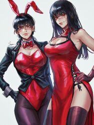 Rule 34 | 2girls, animal ears, black hair, black leotard, blush, bow, bowtie, breasts, chainsaw man, china dress, chinese clothes, cleavage, cleavage cutout, clothing cutout, covered navel, cross scar, detached collar, dress, facial scar, fake animal ears, highleg, highleg leotard, highres, large breasts, leotard, long hair, looking at viewer, low twintails, medium breasts, mitaka asa, multiple girls, pantyhose, pelvic curtain, playboy bunny, rabbit ears, red dress, red leotard, ringed eyes, scar, scar on cheek, scar on face, scar on nose, side slit, simple background, sleeveless, sleeveless dress, staryoruu, strapless, strapless leotard, traditional bowtie, twintails, wrist cuffs, yoru (chainsaw man)