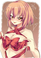 Rule 34 | 1girl, :p, bare shoulders, blush, bow, breasts, brown background, brown eyes, brown hair, dated, heart, large breasts, naked ribbon, original, ribbon, sendou hachi, smile, solo, tongue, tongue out, valentine
