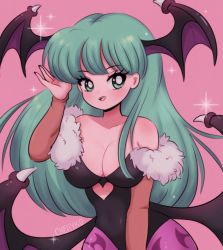 Rule 34 | 1990s (style), 1girl, absurdres, black leotard, blush, breasts, bridal gauntlets, capcom, chellyko, cleavage, clothing cutout, collarbone, demon girl, demon wings, green eyes, green hair, head wings, heart cutout, highres, large breasts, leotard, long eyelashes, long hair, looking at viewer, low wings, morrigan aensland, open mouth, pantyhose, pink background, purple pantyhose, retro artstyle, smile, sparkle, teeth, vampire (game), wings