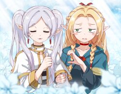 Rule 34 | 2girls, :3, armcho, blonde hair, blurry, blush stickers, braid, capelet, closed eyes, cloud, crossover, depth of field, dungeon meshi, earrings, elf, flower, frieren, green eyes, heart hands failure, jewelry, marcille donato, multiple girls, pointy ears, sky, sousou no frieren, tearing up, thumbs up, twin braids, twintails, upper body