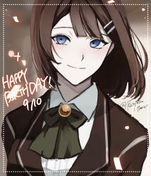 Rule 34 | 1girl, blue eyes, bow, bowtie, brown coat, brown hair, closed mouth, coat, collared shirt, dated, green bow, green bowtie, hair ornament, hairclip, happy birthday, highres, hod (project moon), kasyoku bear, library of ruina, looking at viewer, medium hair, project moon, shirt, smile, solo, white shirt