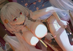 Rule 34 | 1girl, :&lt;, adjusting clothes, adjusting legwear, aoi (buzhuen444), azur lane, bent over, between breasts, blush, braid, braided bangs, breasts, cherry blossoms, china dress, chinese clothes, cleavage, collar, detached collar, dress, frown, garter straps, gloves, hair between eyes, hair ornament, hanging breasts, huge breasts, indoors, leaning forward, looking at viewer, nipples, no bra, official alternate costume, red eyes, see-through, see-through shawl, shawl, short hair, side braid, sirius (azur lane), sirius (azure horizons) (azur lane), skindentation, solo, thighhighs, thighs, white gloves, white hair, white thighhighs