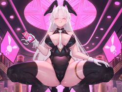 Rule 34 | 1girl, :q, animal ears, ass, bare shoulders, black thighhighs, breasts, cellphone, gloves, holding, holding phone, leotard, long hair, looking at viewer, moco (moco 28), original, phone, pink eyes, playboy bunny, rabbit ears, smartphone, smile, solo, spread legs, squatting, thighhighs, tiptoes, tongue, tongue out, very long hair, white gloves, white hair