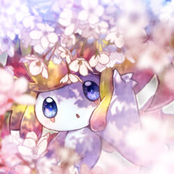 Rule 34 | :o, arm up, blue eyes, blue pupils, blurry, blurry foreground, blush, commentary request, creatures (company), flower, game freak, gen 3 pokemon, jirachi, legendary pokemon, looking at viewer, mythical pokemon, nintendo, no humans, open mouth, pink flower, pokemon, pokemon (creature), sparkling eyes, suama (haruichi)
