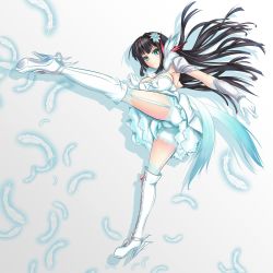 Rule 34 | 1girl, aqua eyes, bad id, bad pixiv id, black hair, boots, breasts, cross-laced footwear, dress, eyeshadow, feathers, female focus, frills, frown, full body, gloves, hair ornament, high heel boots, high heels, highres, kicking, knee boots, lace-up boots, leg blade, legs, long hair, looking at viewer, makeup, melanie malachite, miyabi urumi, rwby, solo, spread legs, standing, standing on one leg, thighs, white background