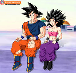 Rule 34 | 1boy, 1girl, absurdres, baggy pants, bare shoulders, black eyes, black hair, breasts, bruise, caulifla, cleavage, commission, dougi, dragon ball, dragon ball super, foxybulma, full body, highres, injury, looking at another, midriff, pants, purple pants, sitting, smile, son goku, spiked hair, strapless, torn clothes, tube top