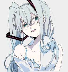 Rule 34 | 1girl, armpit crease, arms at sides, bare arms, bare shoulders, blue bra, blue eyes, blue hair, bra, breasts, cleavage, close-up, collarbone, collared shirt, eiku, eyelashes, eyes visible through hair, facing viewer, grey background, hair between eyes, half-closed eyes, hatsune miku, head tilt, highres, long hair, looking to the side, medium breasts, open mouth, pale skin, partially unbuttoned, serious, shaded face, shirt, simple background, solo, tareme, teeth, tongue, twintails, underwear, upper body, very long hair, vocaloid, white shirt