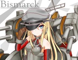 Rule 34 | 10s, 1girl, adjusting clothes, adjusting headwear, bismarck (kancolle), blonde hair, blue eyes, breasts, character name, detached sleeves, gloves, hat, highres, kantai collection, langley1000, long hair, md5 mismatch, medium breasts, peaked cap, personification, solo