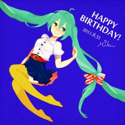 Rule 34 | 10s, 1girl, 2011, ahoge, bad id, bad pixiv id, belt, blue background, bow, character name, dated, english text, floating hair, full body, green eyes, green hair, grin, happy birthday, hatsune miku, heart, kise (swimmt), long hair, matching hair/eyes, short sleeves, signature, simple background, skirt, smile, solo, striped, striped bow, thighhighs, twintails, very long hair, vocaloid, yellow thighhighs