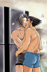 Rule 34 | 2boys, ass, ass grab, black hair, capcom, closed eyes, french kiss, grabbing another&#039;s chin, grey hair, ace attorney, hug, kiss, male focus, miles edgeworth, multiple boys, muscular, phoenix wright, restroom, topless male, short hair, shorts, sweat, yaoi