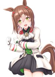 Rule 34 | 1girl, absurdres, animal ears, artist name, ascot, becherry, black ascot, black dress, clenched hands, cowboy shot, cropped legs, dress, fine motion (umamusume), gloves, green eyes, hair between eyes, highres, horse ears, jacket, long sleeves, looking at viewer, medium hair, multicolored hair, open mouth, simple background, smile, solo, streaked hair, umamusume, white background, white gloves, white jacket