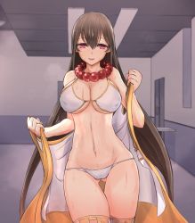 Rule 34 | 1girl, :d, bare arms, bare shoulders, beads, bikini, blurry, blurry background, blush, breasts, brown hair, ceiling light, cleavage, covered erect nipples, cowboy shot, depo (typebaby505), depth of field, door, fate/grand order, fate (series), gluteal fold, groin, half-closed eyes, highres, indoors, large breasts, long hair, navel, open clothes, open mouth, pink eyes, prayer beads, smile, solo, standing, stomach, straight hair, sweat, swimsuit, thigh gap, thighhighs, underboob, undressing, very long hair, wet, white bikini, xuangzang sanzang (fate)