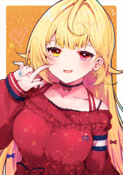 Rule 34 | 1girl, black choker, blonde hair, blue bow, blue nails, bow, breasts, camisole, choker, earrings, frilled sweater, hair bow, hair intakes, hair ornament, heart, heart-shaped pupils, heterochromia, highres, hoshikawa sara, hoshikawa sara (2nd costume), index finger raised, jewelry, kurokubo (yakekubo), large breasts, long hair, long sleeves, looking at viewer, nail polish, nijisanji, off-shoulder sweater, off shoulder, official alternate costume, open mouth, red bow, red eyes, red sweater, sleeves past wrists, smile, solo, star (symbol), star earrings, sweater, symbol-shaped pupils, very long hair, virtual youtuber, x hair ornament, yellow eyes