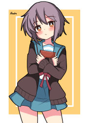 Rule 34 | 1girl, absurdres, artist name, blue sailor collar, blue skirt, blush, book, hugging book, brown cardigan, brown eyes, cardigan, closed mouth, commentary request, cowboy shot, hendra, highres, holding, holding book, hugging object, kita high school uniform, long sleeves, looking at viewer, nagato yuki, open cardigan, open clothes, purple hair, red ribbon, ribbon, sailor collar, school uniform, serafuku, short hair, skirt, solo, standing, suzumiya haruhi no yuuutsu, watermark, winter uniform