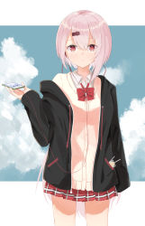 Rule 34 | 1girl, absurdres, akagikou, black jacket, blue sky, bow, brown cardigan, cardigan, cellphone, closed mouth, cloud, cloudy sky, collared shirt, commentary request, day, drawstring, dress shirt, earbuds, earphones, hair between eyes, hair ornament, hairclip, hand up, highres, holding, holding phone, hood, hood down, hooded jacket, jacket, long hair, long sleeves, looking at viewer, nijisanji, off shoulder, open clothes, open jacket, phone, pink hair, plaid, plaid skirt, pleated skirt, red bow, red eyes, red skirt, shiina yuika, shiina yuika (1st costume), shirt, skirt, sky, sleeves past wrists, solo, very long hair, virtual youtuber, white shirt