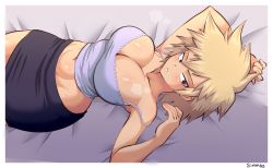 Rule 34 | 1girl, bakugou mitsuki, blonde hair, boku no hero academia, breasts, camisole, cleavage, highres, large breasts, legs together, looking at viewer, lying, mature female, naughty face, navel, open clothes, pencil skirt, red eyes, short hair, simmsy, skirt, solo, spaghetti strap, spiked hair