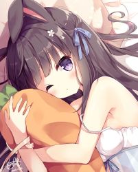 Rule 34 | 1girl, animal ears, bare shoulders, blue bow, blush, bow, breasts, brown hair, carrot-shaped pillow, commentary request, fingernails, flower, hair bow, hair flower, hair ornament, highres, hoshi (snacherubi), hugging object, long hair, looking at viewer, lying, on side, one eye closed, original, parted lips, pillow, pillow hug, purple eyes, rabbit ears, small breasts, solo, strap slip, white flower