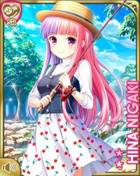 Rule 34 | 1girl, bucket, card, character name, cherry, closed mouth, day, dress, fishing rod, food, forest, fruit, girlfriend (kari), hat, holding, long hair, multicolored hair, nature, niigaki hina, official art, outdoors, pink hair, purple eyes, purple hair, qp:flapper, river, rock, shirt, skirt, smile, solo, straw hat, tagme, water, white dress, white shirt