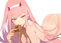 Rule 34 | 10s, 1girl, arched back, ass, bad id, bad twitter id, breasts, candy, caramel, chocolate, chocolate heart, cleavage, darling in the franxx, food, green eyes, hairband, heart, long hair, looking at viewer, medium breasts, naughty face, nude, nuezou, simple background, smile, solo, valentine, white background, zero two (darling in the franxx)