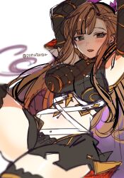 Rule 34 | 1girl, arms up, artist name, asymmetrical bangs, bell-bottoms, breasts, brown hair, cape, detached pants, elbow gloves, gloves, granblue fantasy, hair ornament, head wings, highres, large breasts, long hair, medium breasts, midriff, pants, solo, thighs, tweyen (granblue fantasy), wings, wrist straps, yu-li