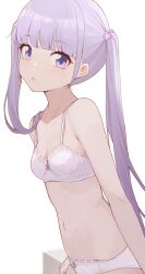 Rule 34 | 1girl, bare shoulders, blunt bangs, bra, breasts, collarbone, commentary, dot nose, from side, hair ornament, highres, hiroki (yyqw7151), long hair, looking at viewer, navel, new game!, panties, parted lips, purple eyes, simple background, small breasts, strap gap, suzukaze aoba, twintails, underwear, underwear only, white background