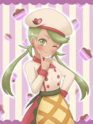 Rule 34 | 1girl, apron, blush, breasts, creatures (company), forest (simise), game freak, green eyes, green hair, hat, highres, long sleeves, looking at viewer, mallow (palentine&#039;s 2023) (pokemon), mallow (pokemon), medium breasts, nintendo, one eye closed, pokemon, pokemon masters ex, twintails, wink
