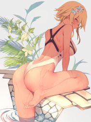 Rule 34 | 1girl, absurdres, ass, back, barefoot, blonde hair, breasts, competition swimsuit, flower, from behind, genshin impact, grey background, hair flower, hair ornament, highres, looking at viewer, lumine (genshin impact), medium breasts, one-piece swimsuit, short hair, simple background, soles, solo, swimsuit, toes, wat (worldlog), water, wet, white one-piece swimsuit, yellow eyes