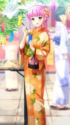 Rule 34 | 1girl, :d, doukyuusei, doukyuusei another world, floral print, flower, game cg, hair flower, hair ornament, holding, holding pen, japanese clothes, kimono, long sleeves, looking at viewer, official art, open mouth, orange kimono, pen, pink hair, print kimono, red eyes, sakuragi mai, short hair, smile, solo, solo focus, tanabata, tanzaku, yukata