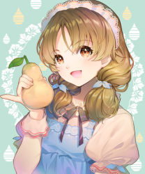 Rule 34 | 1girl, :d, bad id, bad pixiv id, black ribbon, blue ribbon, blush, brown hair, ells, food, fruit, hair ribbon, hairband, holding, holding food, holding fruit, leaf, leaf background, long hair, looking at viewer, low twintails, neck ribbon, open mouth, orange eyes, original, parted bangs, pear, pinky out, puffy short sleeves, puffy sleeves, ribbon, short sleeves, smile, solo, tareme, twintails, upper body, water drop, wrist cuffs