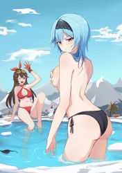 Rule 34 | 2girls, amber (genshin impact), ass, back, baige0, bare back, bare shoulders, bath, bikini, unworn bikini top, black bikini, blue hair, blue sky, breasts, brown hair, cleavage, covering privates, covering breasts, day, eula (genshin impact), feet, genshin impact, glaring, gloves, goggles, goggles on head, hairband, half-closed eyes, hand up, highres, looking at viewer, looking back, medium breasts, mountain, multiple girls, outdoors, partially submerged, red bikini, sky, snow, snowman, swimsuit, topless, water