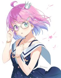Rule 34 | 1girl, ahoge, akamoku, blue dress, blue hair, blush, bracelet, candy hair ornament, commentary request, crescent, crescent necklace, crown, dress, food-themed hair ornament, glasses, gradient hair, green eyes, hair ornament, hands up, heterochromia, highres, himemori luna, hololive, jewelry, looking at viewer, mini crown, multicolored hair, necklace, open mouth, pink hair, print dress, purple eyes, simple background, solo, star (symbol), star print, twitter username, virtual youtuber, white background
